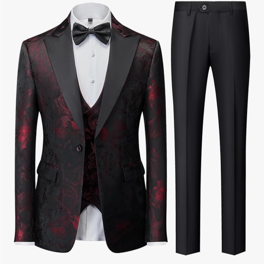 UNINUKOO Men’s 2xl Regular Fit 3 Pcs Suit Peak Lapel Tuxedo Printed Red Formal